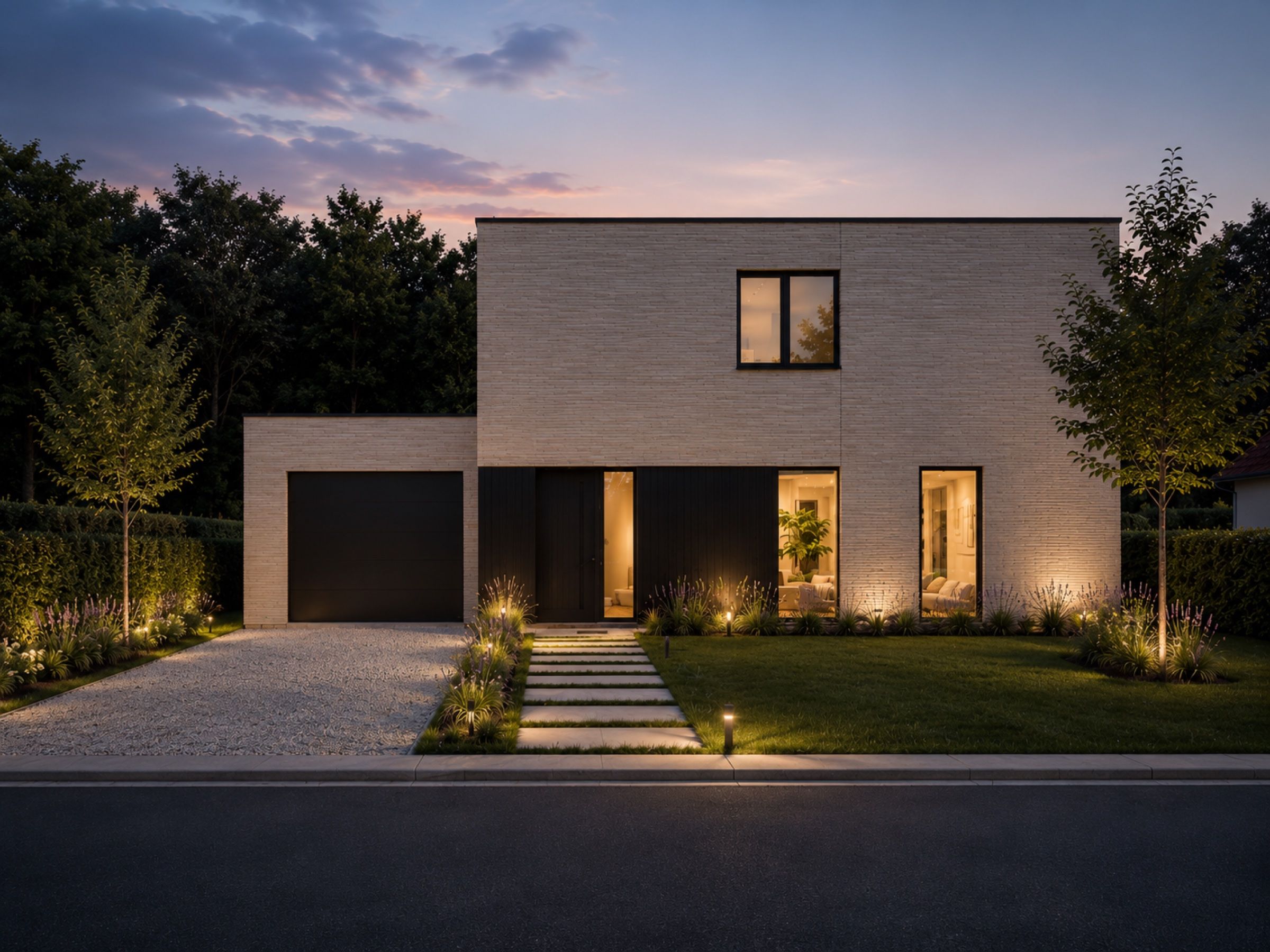 3D-render van de voorgevel van de open nieuwbouwwoning aan de Bossenstraat in Wielsbeke, bij avond